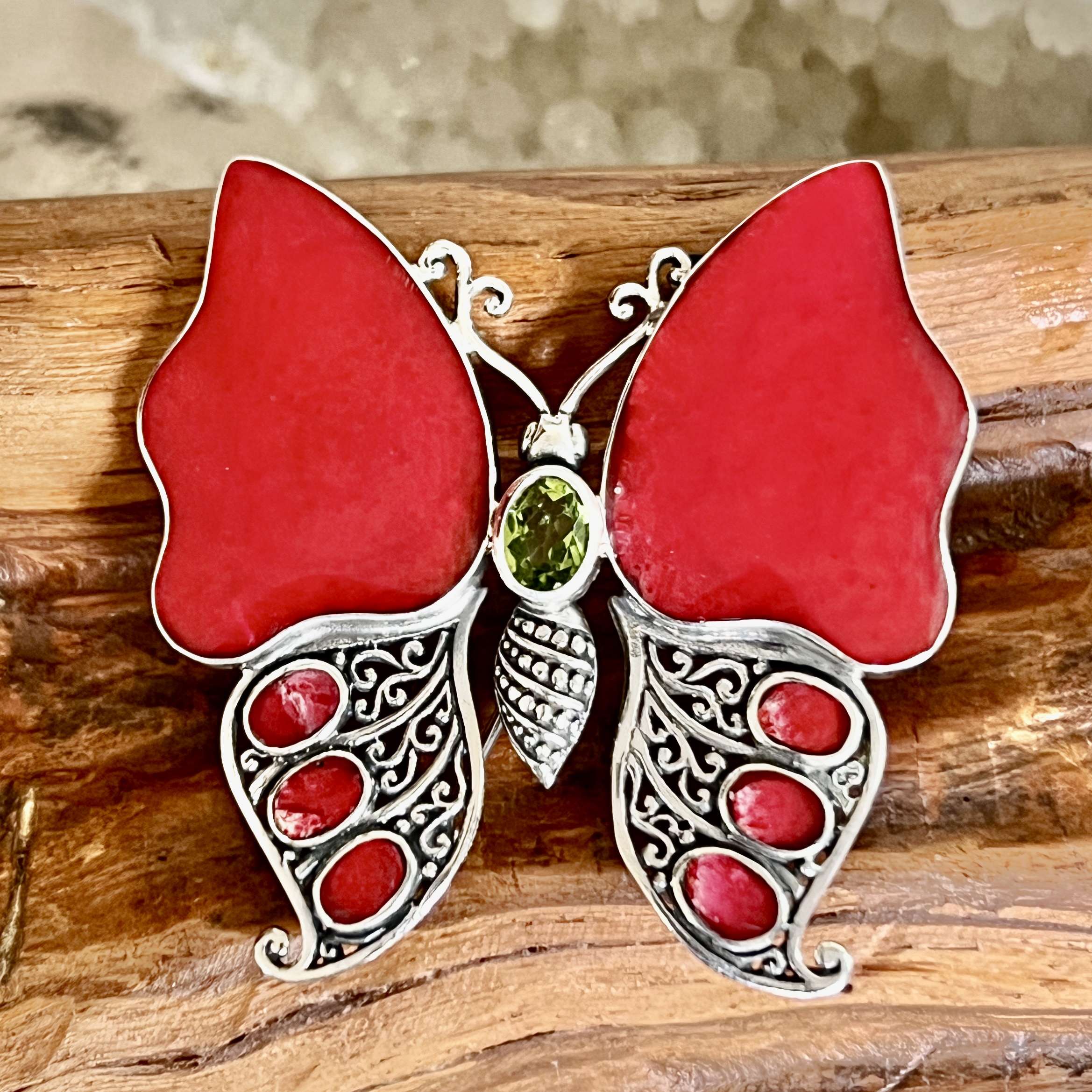 (HANDMADE 925 BALI STERLING SILVER BUTERFLY PENDANTS WITH CORAL)